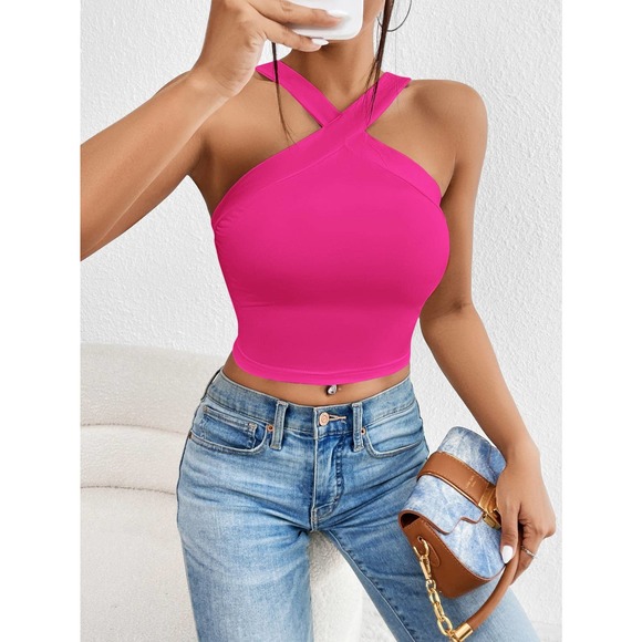 Minimalist 90s Crisscross Crop Halter Top tank black - Picture 10 of 11